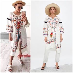 Embroidered Cotton Linen Tunic Dress w/ Tassels